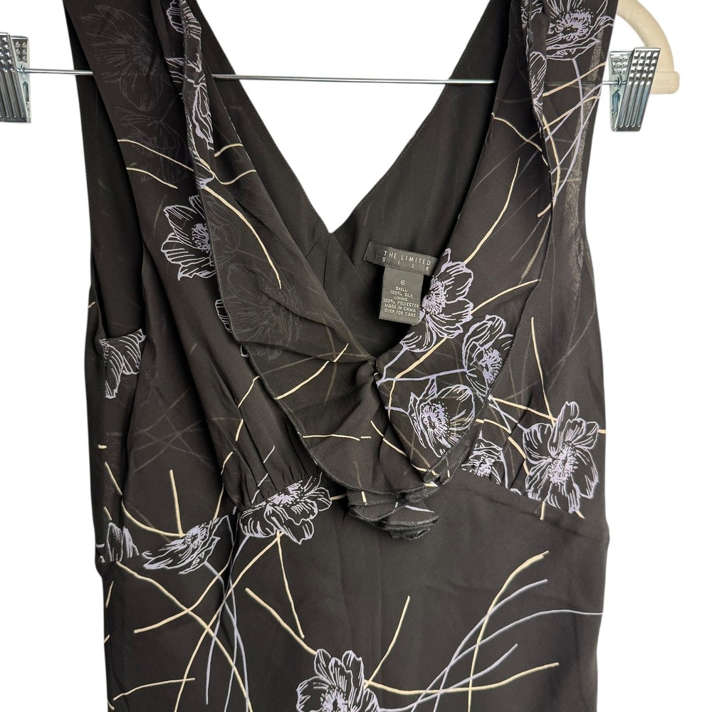 The Limited Silk Black Floral Ruffle V-Neck Midi Dress Womens 6 Side Zip Lining - Picture 4 of 9